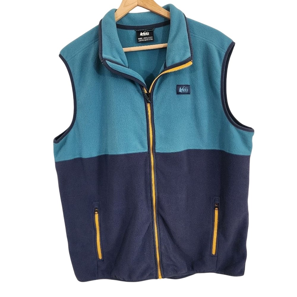 REI Co-op Fleece Vest Large Blue Teal Colorblock Full Zip Pockets Outdoor Hiking